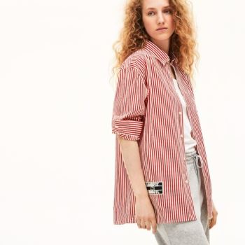 Lacoste LIVE Boxy-Fit Striped Cotton Shirt Dámské - Šortky Bílé / Červené | CZ-FlnbfA